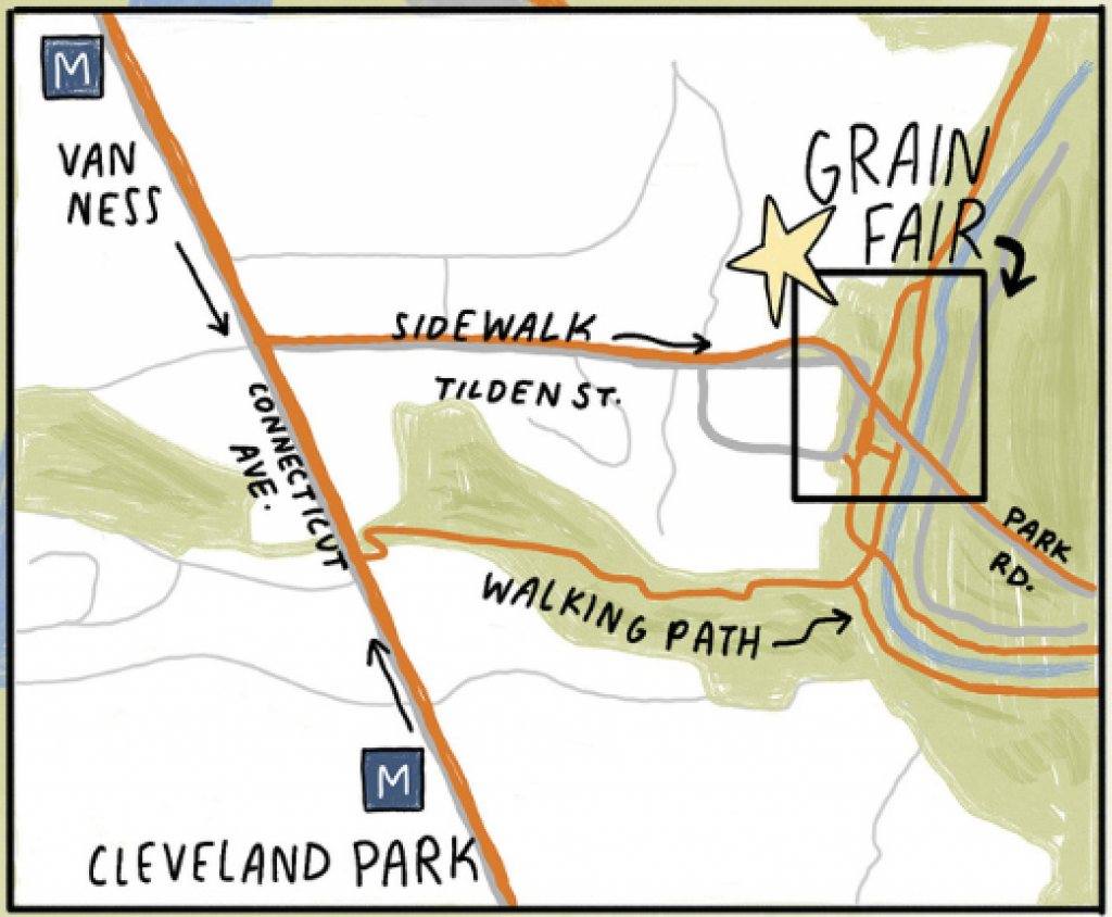 A hand-drawn map showing directions from Connecticut Avenue to the Grain Fair at Peirce Mill